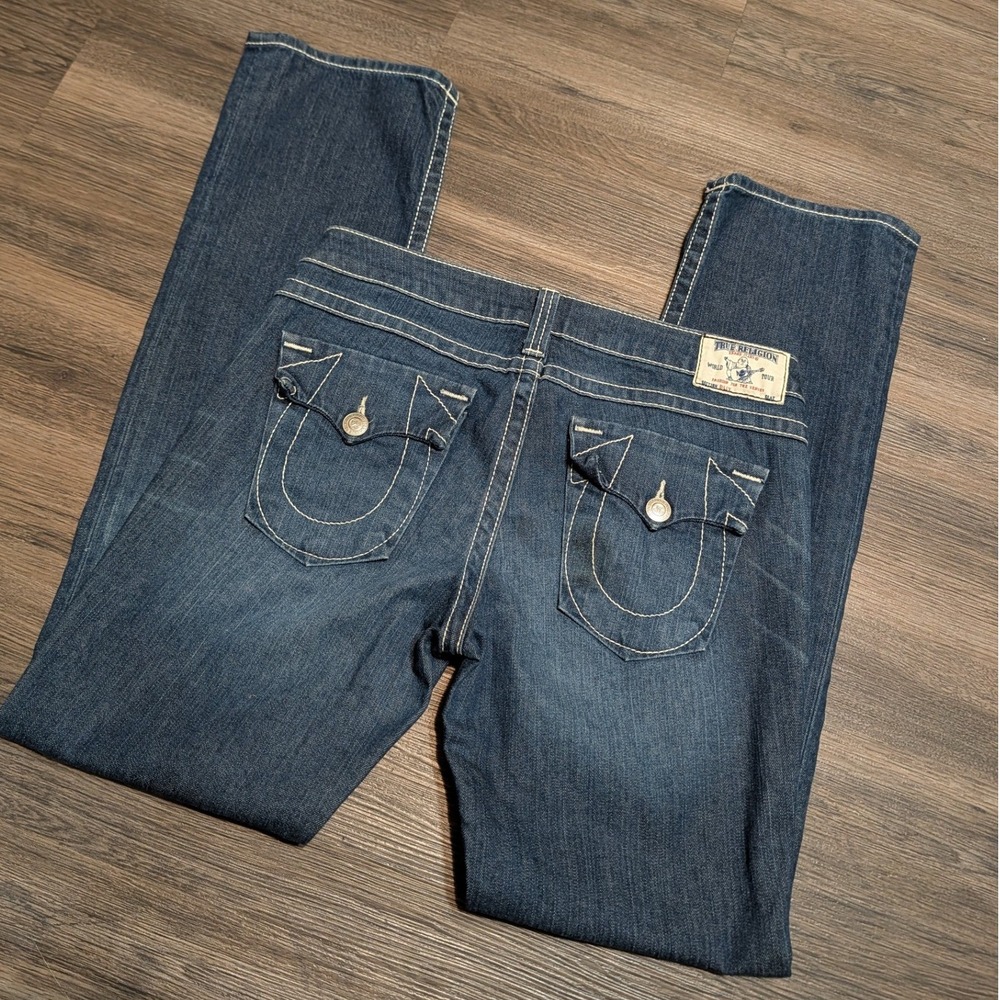 True Religion Billy Bootcut Jeans Mens 31 Dark Wash White Thick Stitch USA